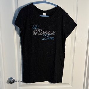 Black Rhinestone 'Pickleball Diva' Tee With Crown Silver Thread Accent Size XL